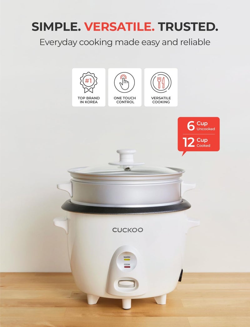 Cuckoo One Touch Rice Cooker 12-Cup Cooked, Small Rice Cooker & Warmer with Steamer Tray, Versatile Grain Cooker, Soup Maker, Auto Keep Warm, 6-Cup Uncooked, White (CR-0601C) - Image 2